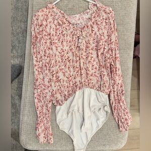 Pink Lily Leaf Patterned Bodysuit